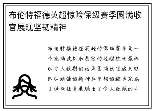 布伦特福德英超惊险保级赛季圆满收官展现坚韧精神