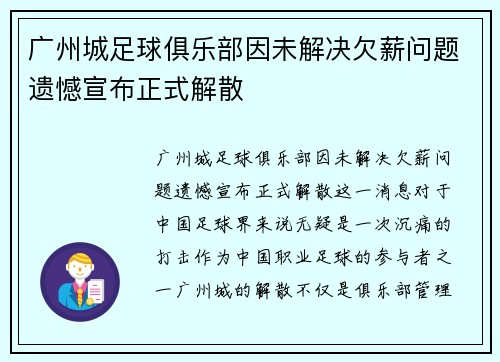 广州城足球俱乐部因未解决欠薪问题遗憾宣布正式解散 广州城足球俱乐部因未解决欠薪问题遗憾宣布正式解散